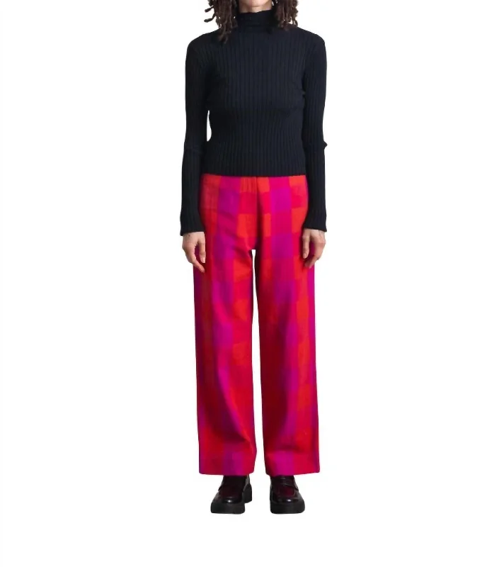 Trend Alert Silk Fly Front Pant In Poppy/pink Plaid