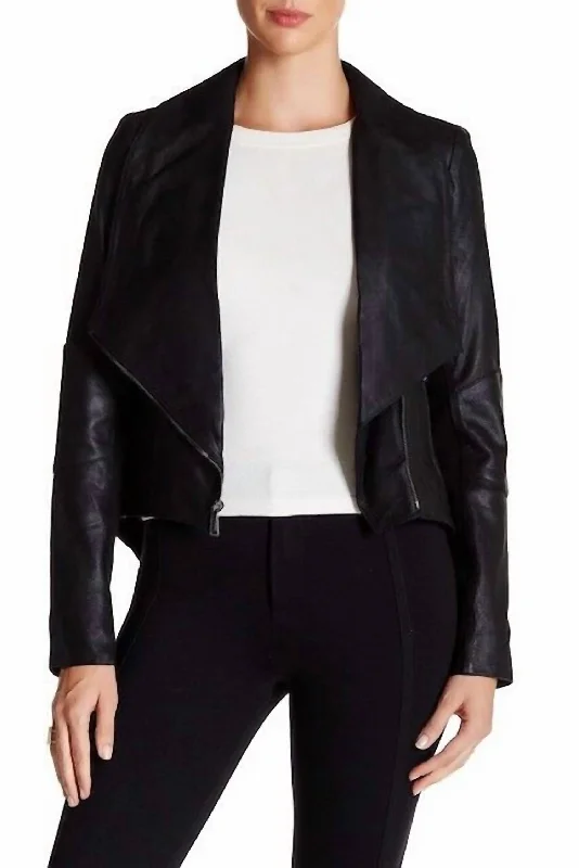 Trendy Urban Attire Lamb Suede Leather Drape Tail Collar Jacket In Black