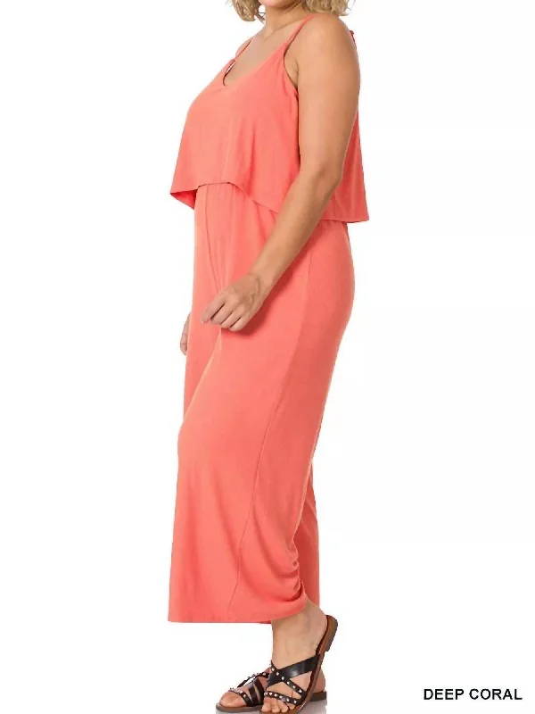 Holiday Attire Sale Ribbed Double Layer Jumpsuit In Deep Coral