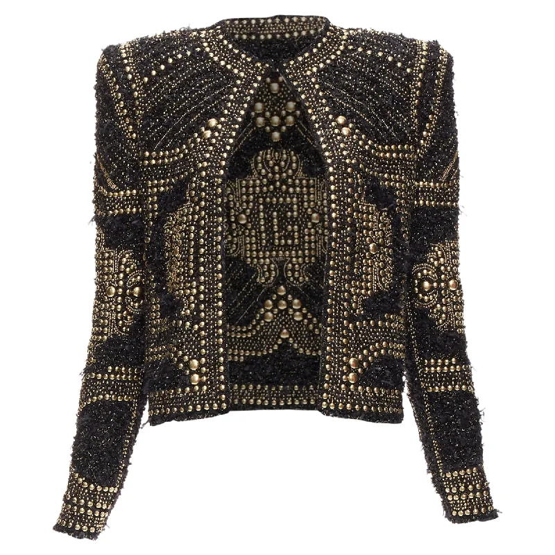 Budget Friendly Fashion Balmain Gold Black Boucle Tweed Gold Studded Power Shoulder Jacket