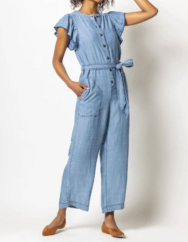 Chic Outfits Flutter Sleeve Jumpsuit In Washed Chambray