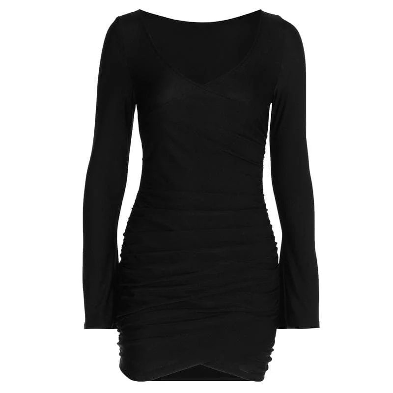 Fashion Forward Femininity BerryBetty - Ruched solid long sleeve v neck mini dress