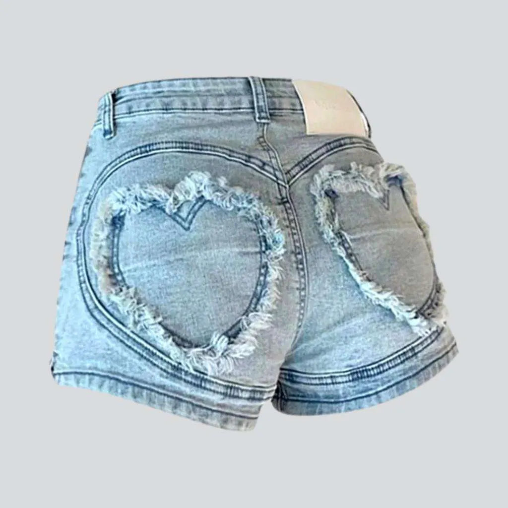 Graceful Movement Heart embroidery women's denim shorts