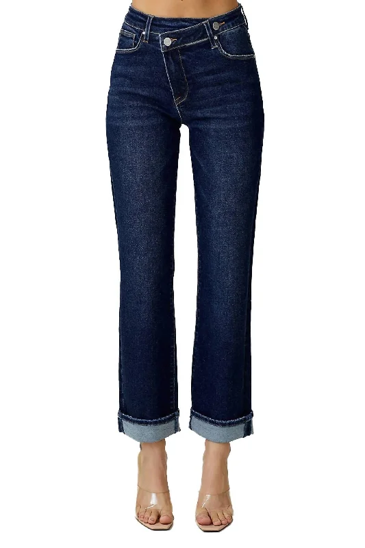 Redefining Women's Fashion High Rise Crossover Straight Leg Jeans In Dark Blue