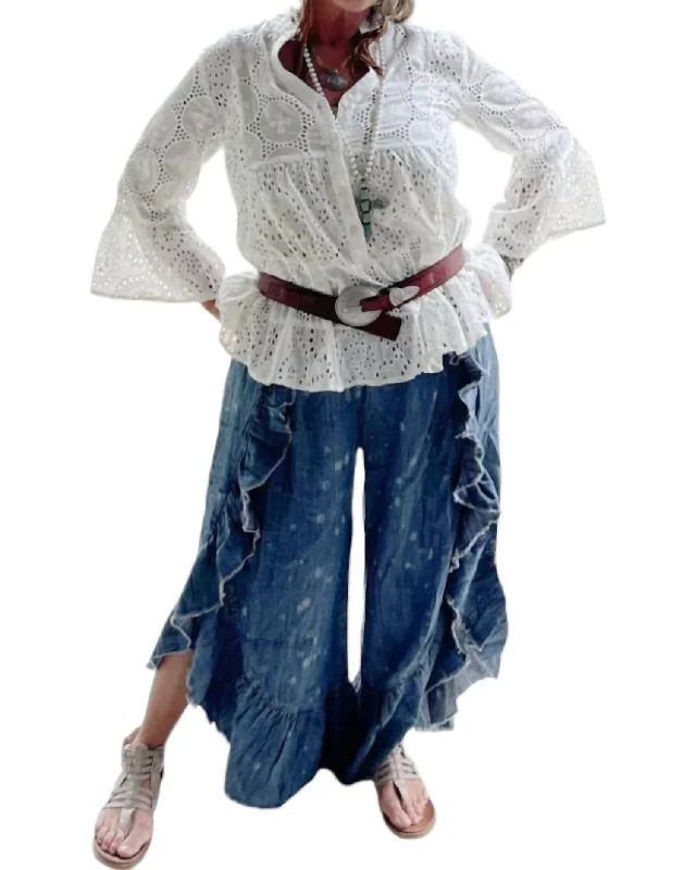 Sophisticated Fashion Patchwork Skies Ruffle Pants In Blue