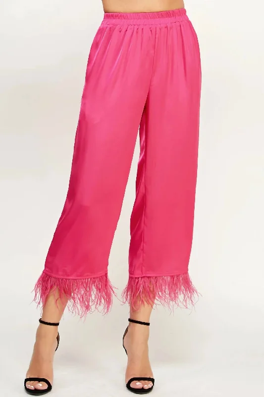 Parisian Effortless Chic Style Foncy Feather Trim Pants In Fuchsia