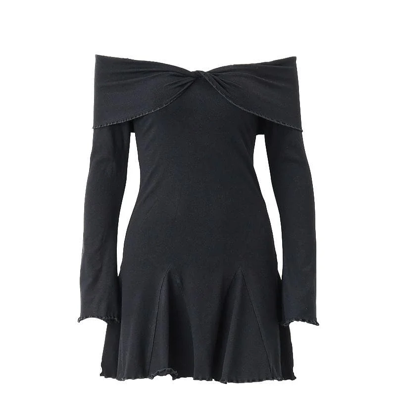 Trendsetting Threads BerryBetty - Long sleeve ruffle off shoulder solid ruched mini dress