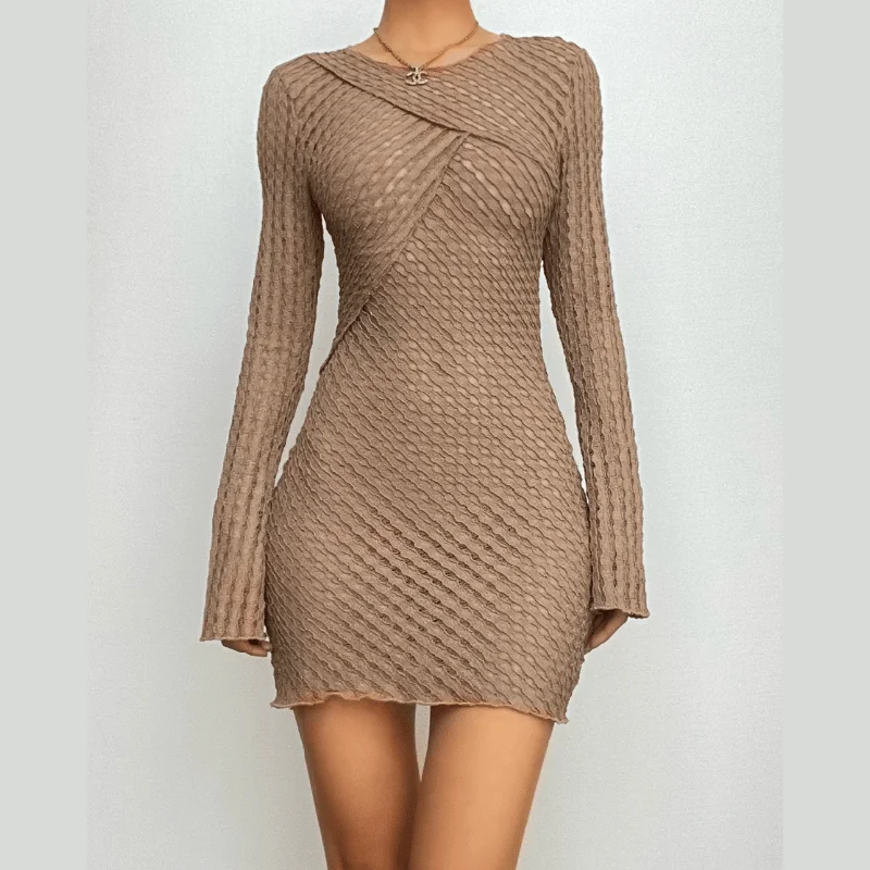 Premium Quality Garments BerryBetty - Crewneck long sleeve textured stitch ruffle solid mini dress