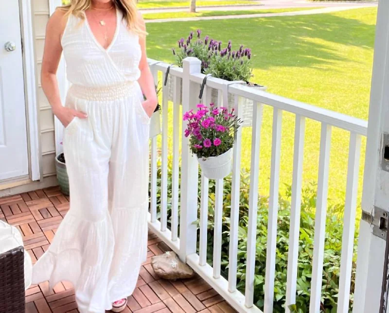 Chic Trends Unveiled Gauze Embroidered Jumpsuit In White & Natural