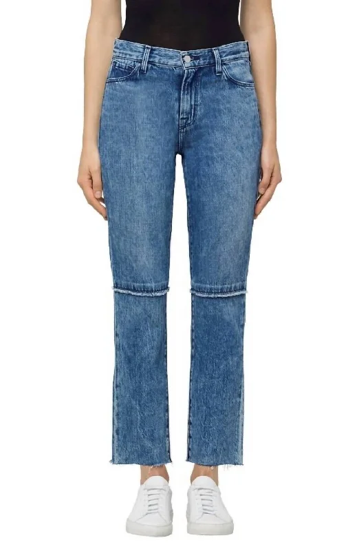 The Epitome Of Modern Women's Fashion Ruby Frayed Cropped Straight Raw Hem High Rise Jeans In Blue