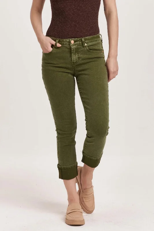 Effortless Chic Apparel Blaire High Rise Cuffed Slimed Straight Jeans In Army Green