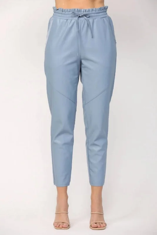 Break Fashion Norms Faux Leather Drawstring Waist Pants In Washed Blue