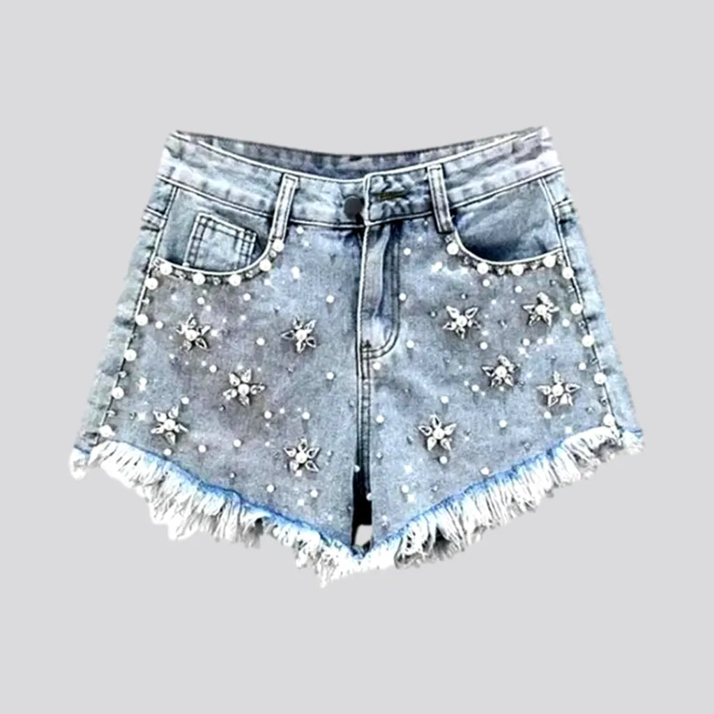 Elegant Clothing Light-wash embellished denim shorts