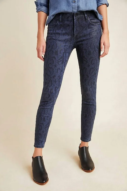 Gift Ideas Charlie High Rise Coated Snake Print Skinny Jeans In Navy Blue