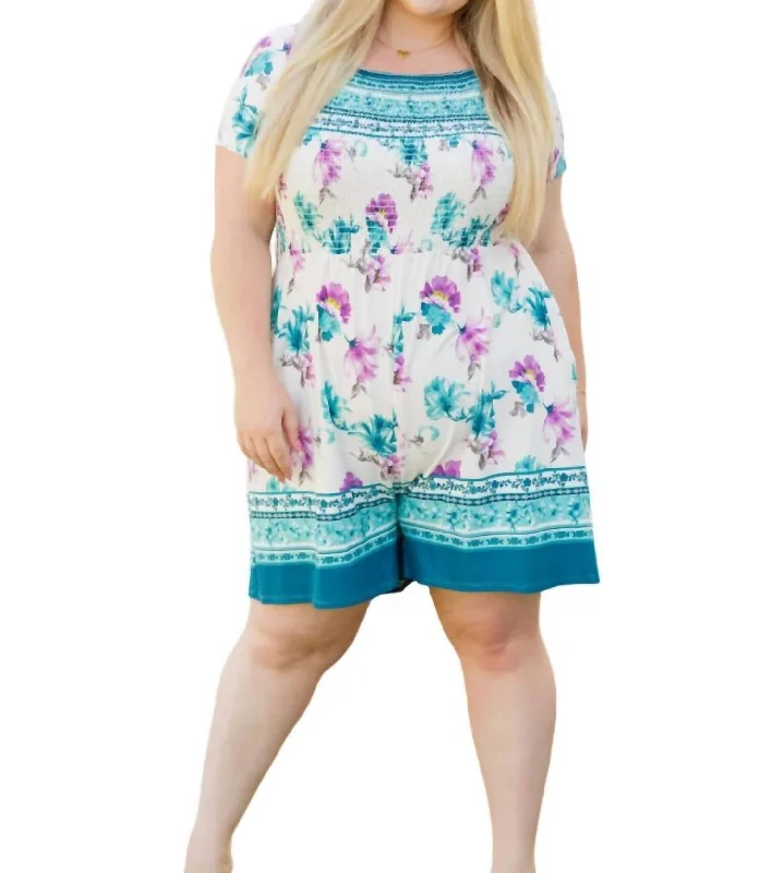 New Season Fashion Preview Sale Little Boho Moment Floral Romper In White/teal