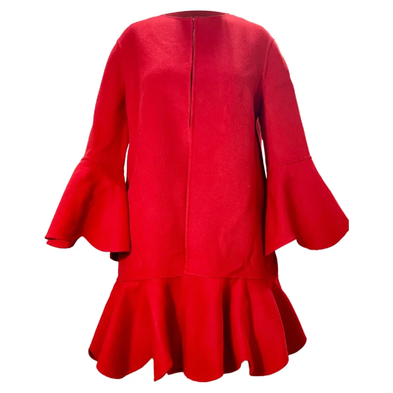 Fashion Forward, Function First Valentino Garavani Ruffled Hem Bell Sleeve Coat in Red Wool