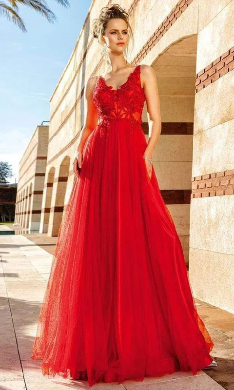 Women's Fashion Hotspots MNM COUTURE - F4884 Sleeveless V-Neck Embroidered Gown