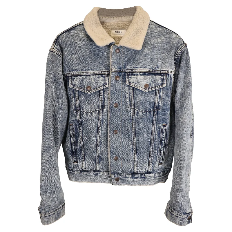 High End Designer Brands Discount Celine Oversized Shearling-Lined Bleached Denim Jacket in Light Blue Cotton