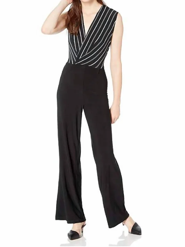 Luxe Women's Fashion Women Wrap Sleeveless Cotton Jumpsuit In Black Striped