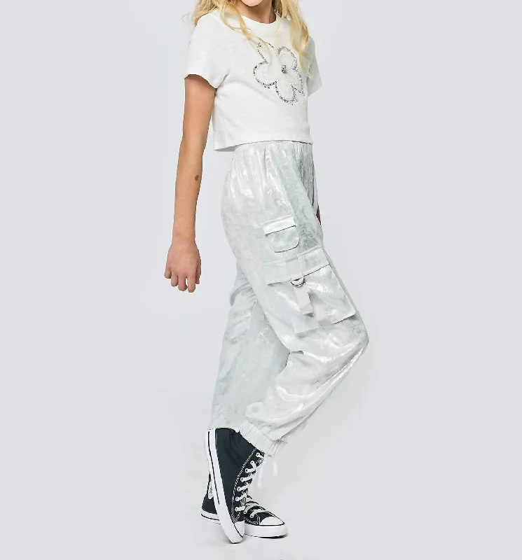 Trend Forward Threads For Her Girl's Metallic Cargo Pocket Jogger Pants In Silver