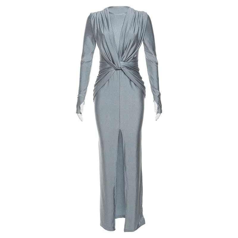 Trendsetter's Closet BerryBetty - Knotted slit solid long sleeve ruched maxi dress