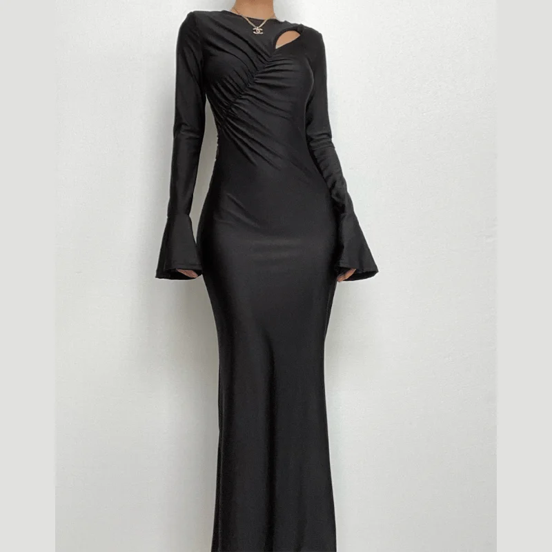 Chic Trend Collection BerryBetty - Ruched solid hollow out irregular long sleeve maxi dress