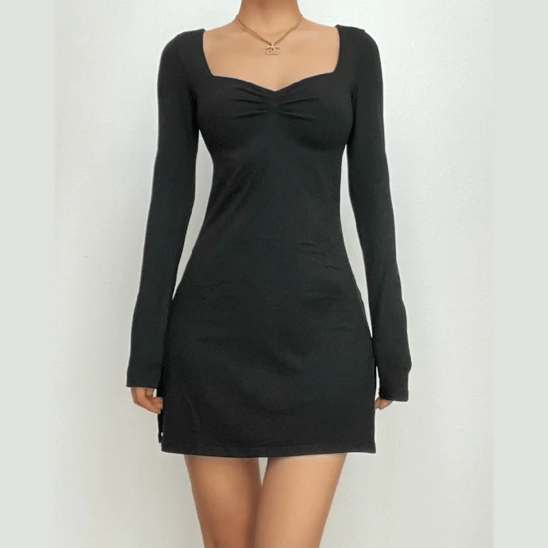 Unleash Your Style BerryBetty - Square neck solid ruched long sleeve mini dress