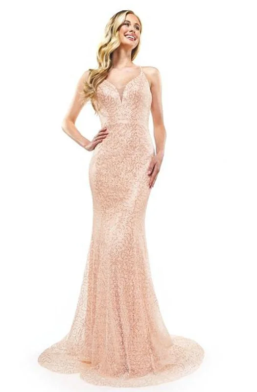 Trendy Urban Attire Glow Dress - Deep V-Neck Strappy Back Sequin Mermaid Gown G909S