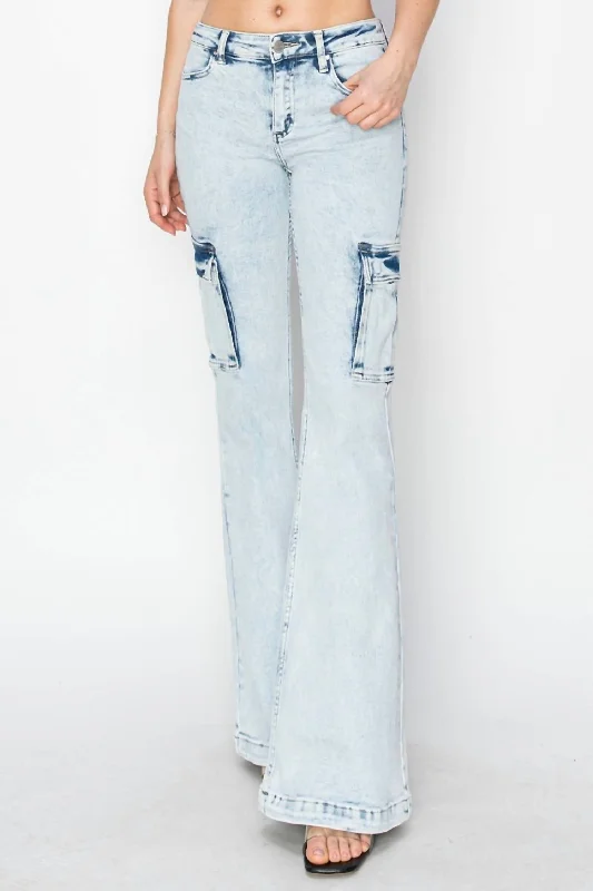 Step Ahead, Lead The Trend Mid Rise Cargo Jeans In Acid Light