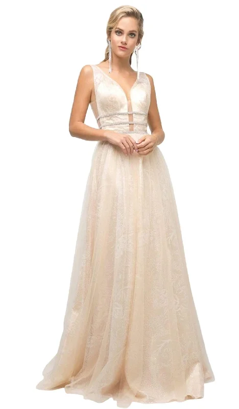 Dive Into Trendy Women's Fashion Cinderella Divine - UE011 Plunging Beaded Tri-Band A-Line Gown