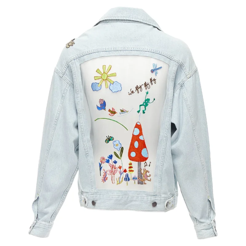 Wardrobe Update Mira Mikati Washed Denim Sheer Embroidery Oversized Jacket