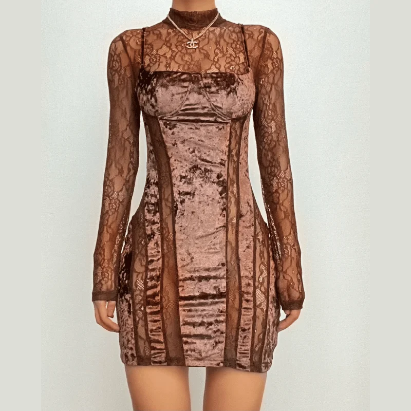 Catch Every Fashion Trend BerryBetty - Velvet patchwork high neck long sleeve lace mini dress