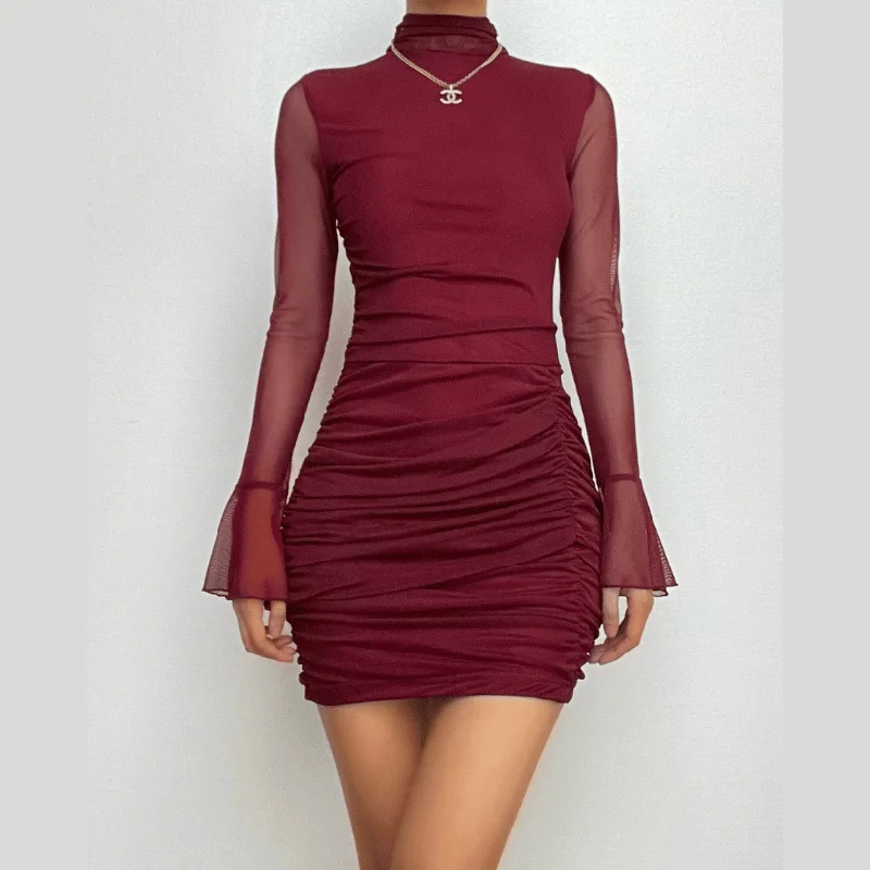 Style Breakthroughs BerryBetty - Mesh solid long sleeve turtle neck ruched zip-up mini dress