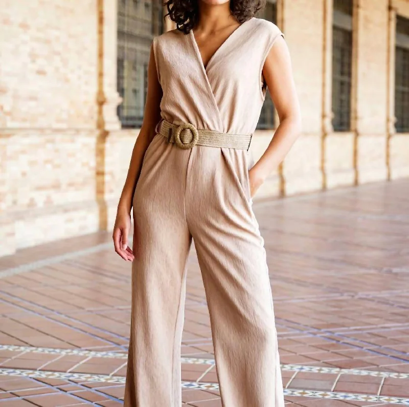 Casual Fashion Crinkle Jumpsuit In Light Sane