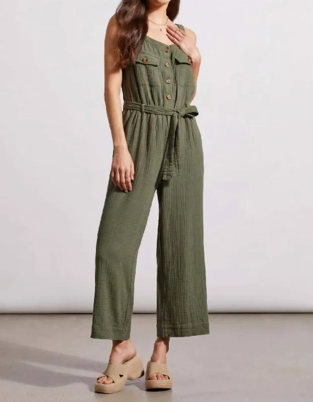 Mid Season Sale Cotton Gauze Belted Jumpsuit In Fern Green