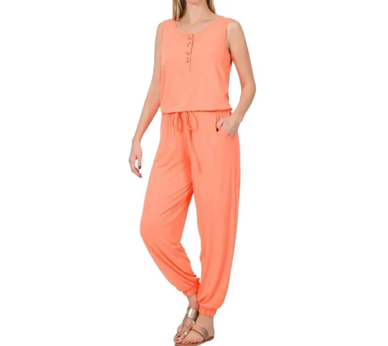 Vintage Inspired Fashion Sale Relaxing Weekend Sleeveless Jumpsuit In Coral