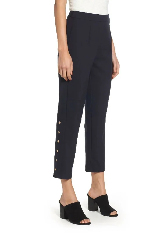 Chic Trends Unveiled Women's Snap Side Button Crop Ankle Pants In Navy Blue