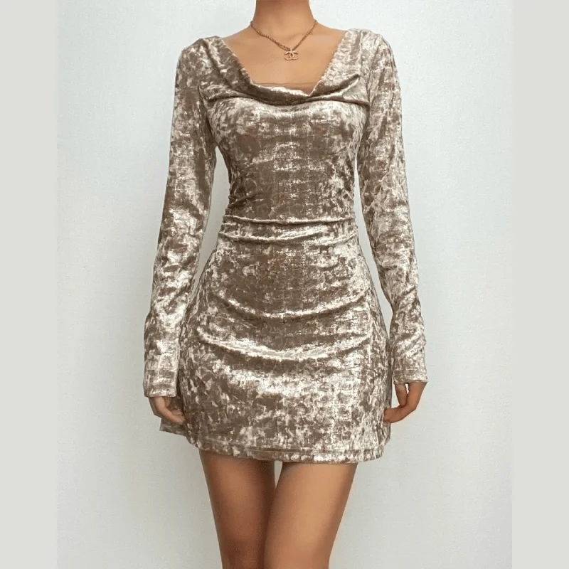 Your Timeless Wardrobe Awaits BerryBetty - Solid velvet cowl neck hollow out long sleeve mini dress