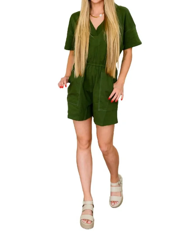 Limited Styles Short Sleeve V-Neck Romper In Army Green