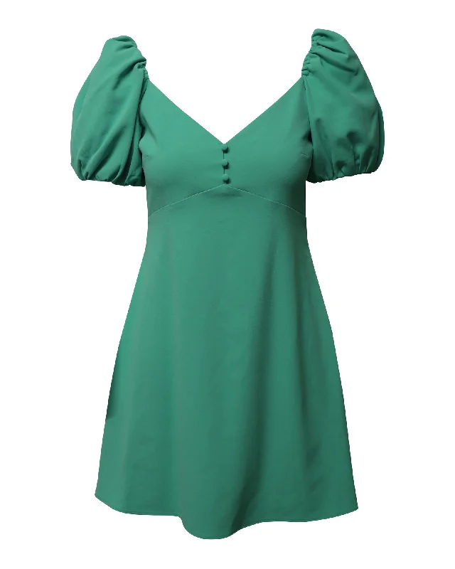 Trend Alert Alice + Olivia Dana Puff Sleeve Flare Dress in Green Polyester