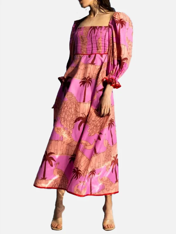 Dive Into Trendy Women's Fashion Alize Palm Print Dress In Pink/maroon