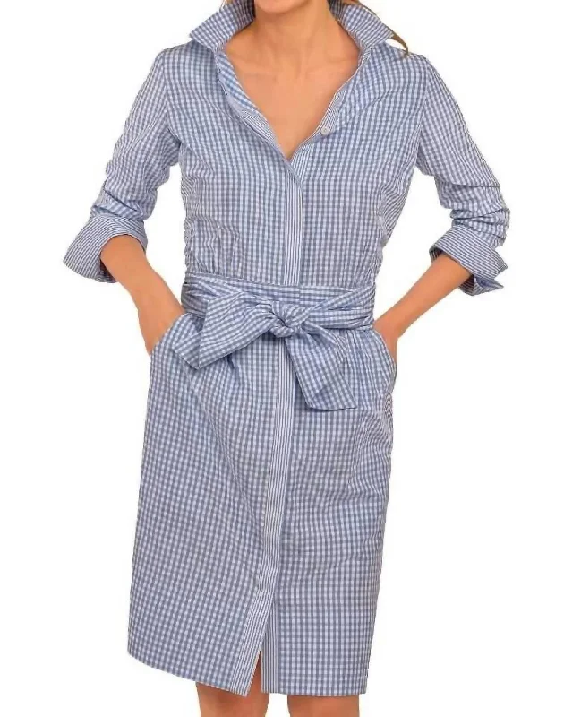 Feminine Grace Breezy Blouson Gingham Dress In Blue