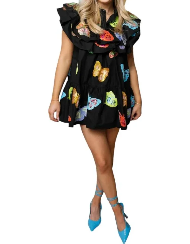 Limited Styles Butterfly Cotton Ruffle Dress In Black Multi