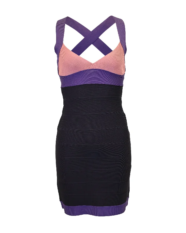 Feminine Soft - Hued Look Herve Leger Cross-Back Bandage Dress in Multicolor Rayon