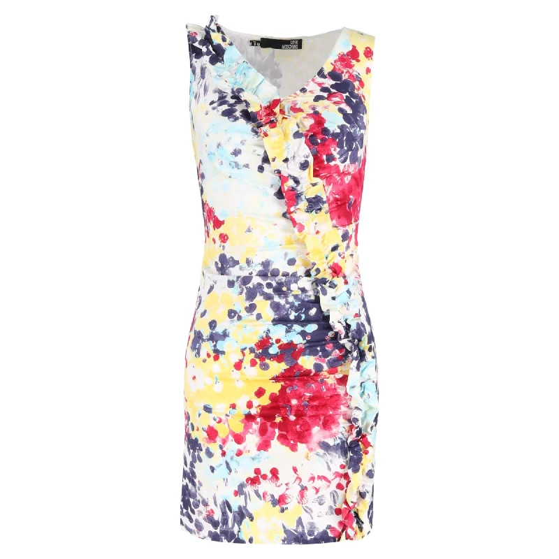 Feminine Soft - Hued Styles Love Moschino Mini Printed Ruffle Trim Dress in Multicolor Cotton