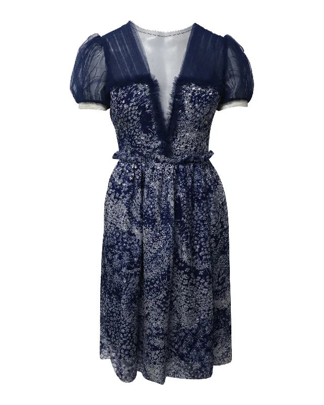 Unbeatable Prices Rodarte Puff Sleeve Knee Length Printed Dress in Blue Silk