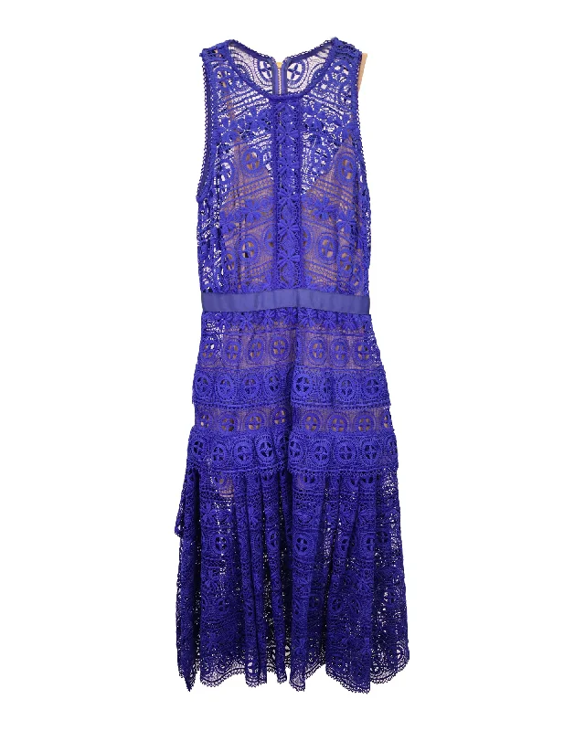 Trendy Fashion For Women Self-Portrait Lace Pattern Midi Length Dress in Blue Polyester