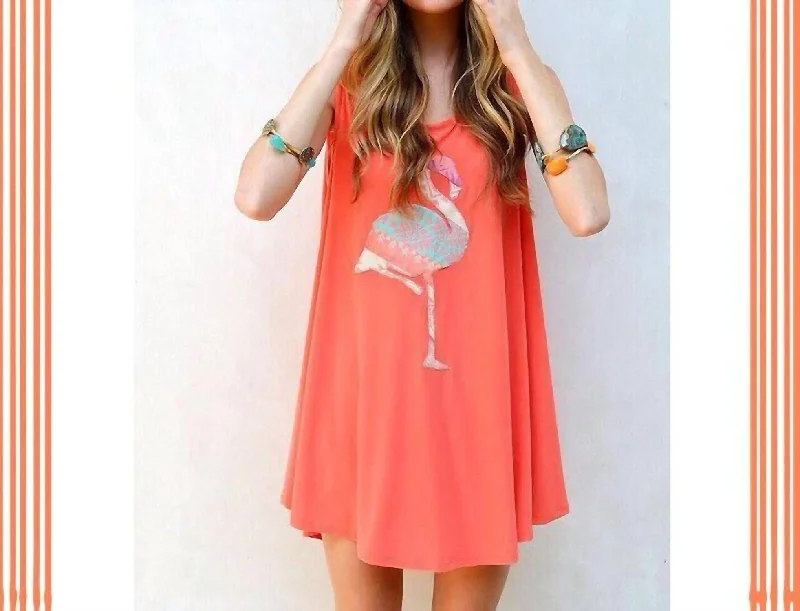 New In This Season Shift Dress With Flamingo Applique In Melon