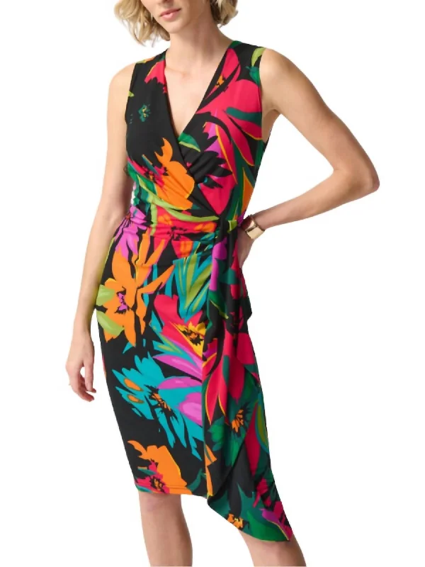 Hot Deals Silky Knit Wrap Dress In Tropical Print