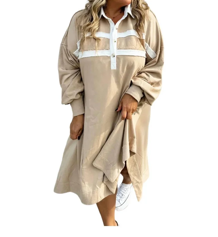 Trendy Clothing Sale Varsity Jersey Dress In Beige